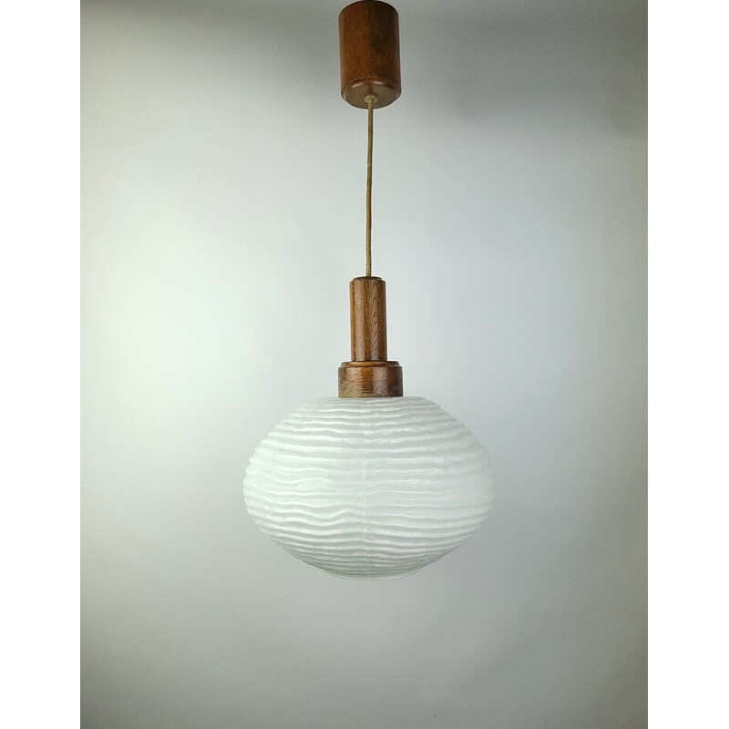 Vintage houten en glazen hanglamp, 1970