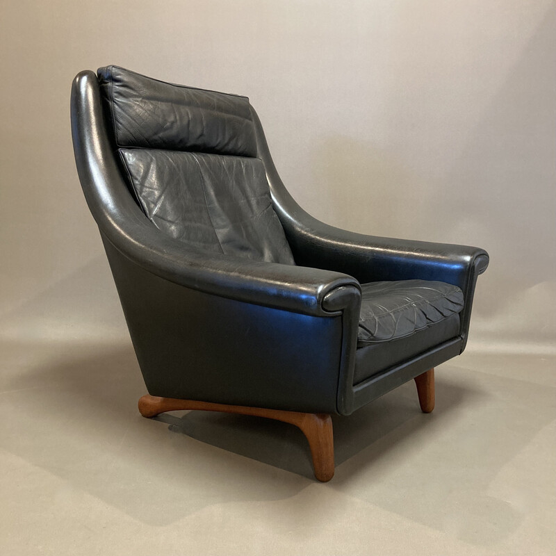 Poltrona vintage scandinava in pelle nera e teak di Aage Christiansen, 1950