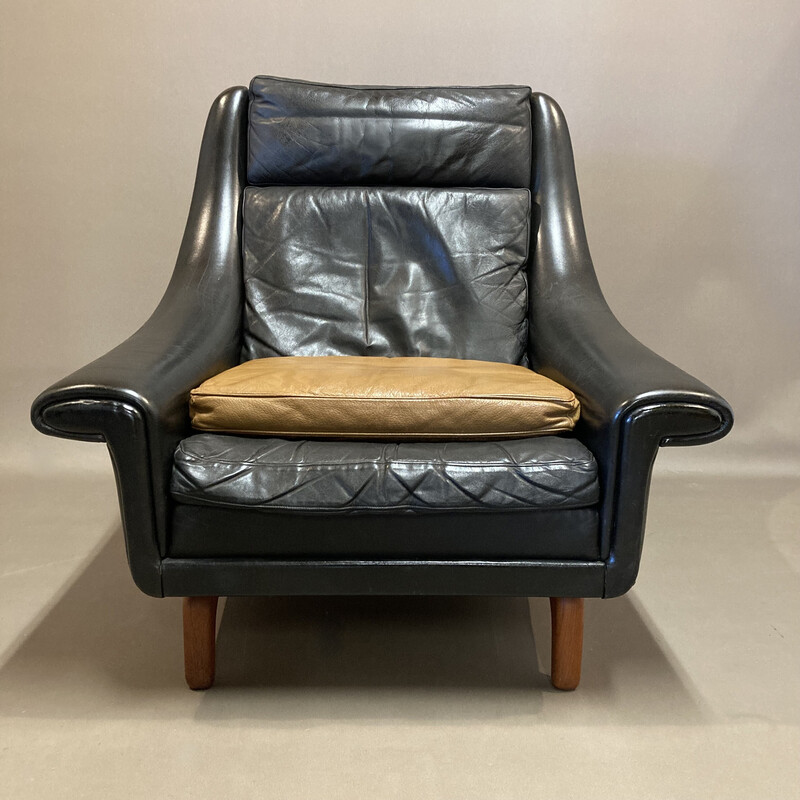 Sillón vintage escandinavo en cuero negro y teca de Aage Christiansen, 1950