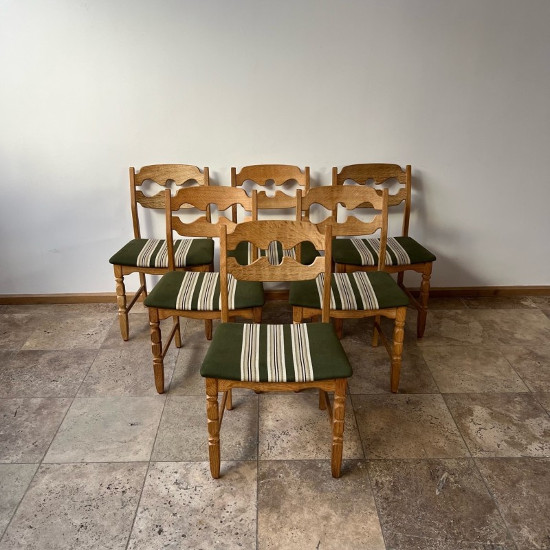 Set of 6 vintage "Razor" oakwood Danish dining chairs by Henning Kjaernulf, 1960s