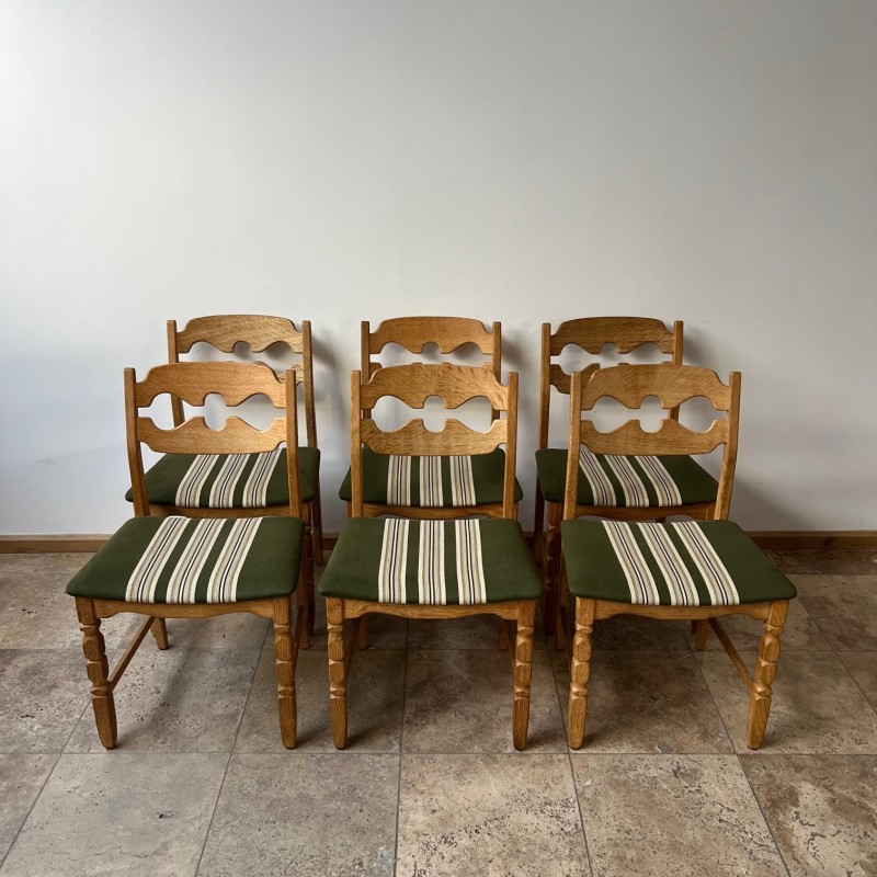 Set of 6 vintage "Razor" oakwood Danish dining chairs by Henning Kjaernulf, 1960s