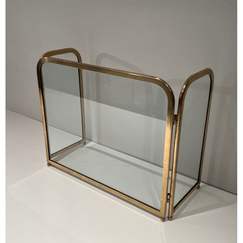 Vintage 3-panel glass fire screen with brass frame, 1970