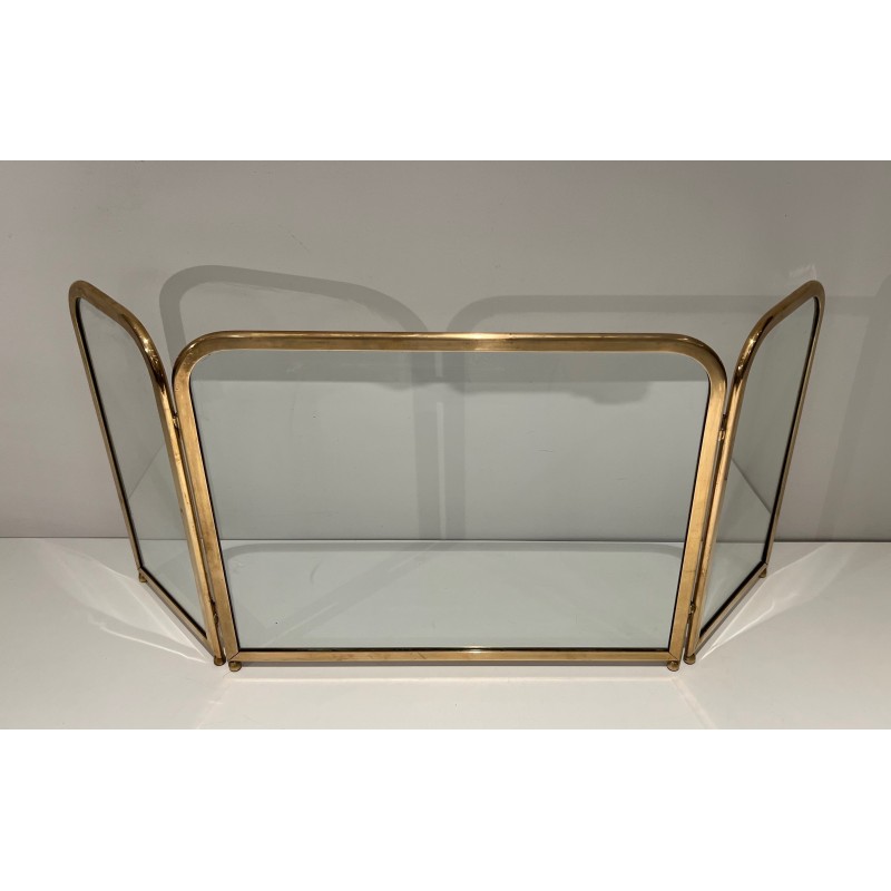 Vintage 3-panel glass fire screen with brass frame, 1970