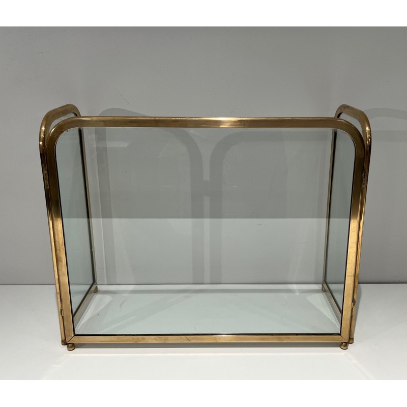 Vintage 3-panel glass fire screen with brass frame, 1970