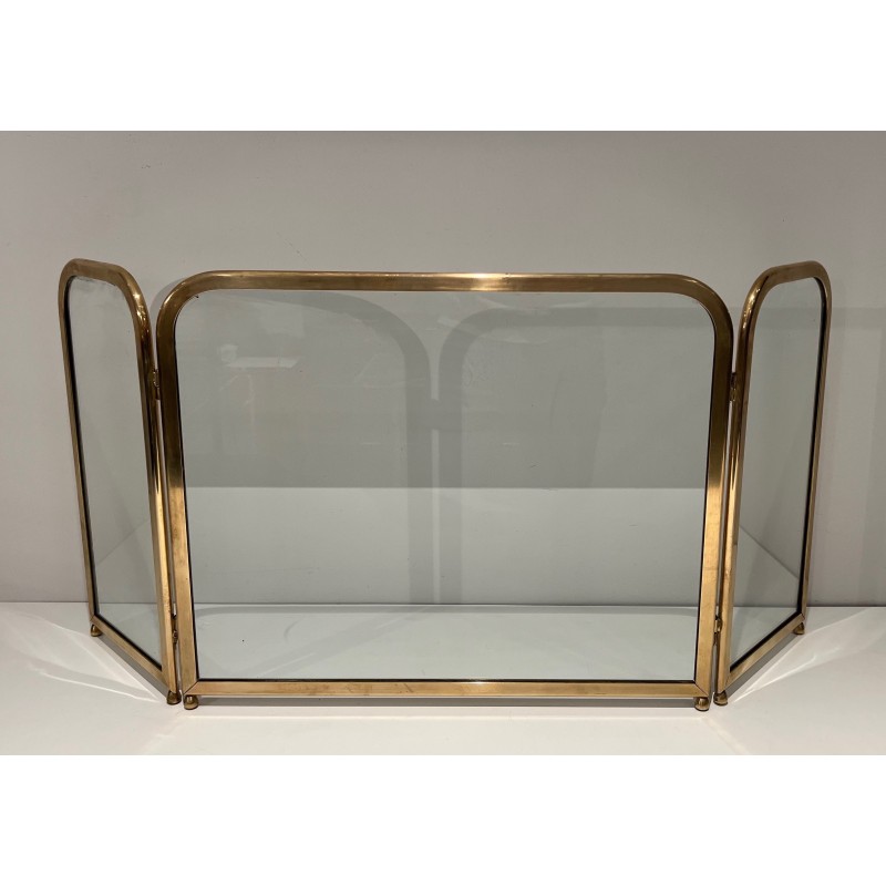 Vintage 3-panel glass fire screen with brass frame, 1970