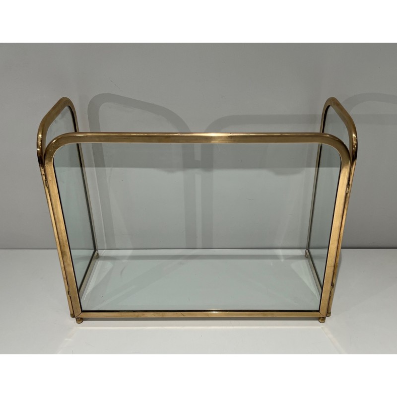 Vintage 3-panel glass fire screen with brass frame, 1970