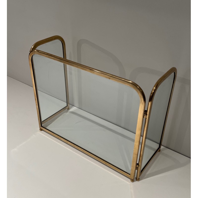 Vintage 3-panel glass fire screen with brass frame, 1970