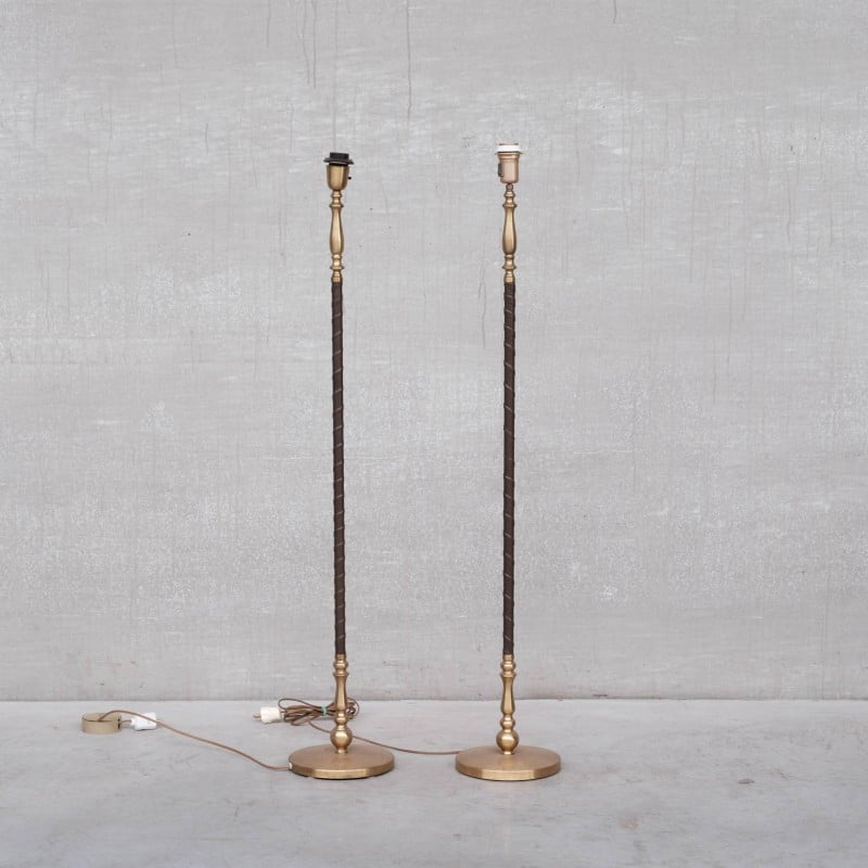 Pair of vintage leather and brass floor lamps by Einar Bäckström, Sweden 1950s