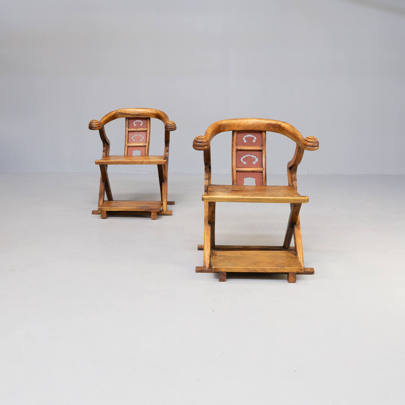 Pair of vintage handmade wood carved throne armchairs