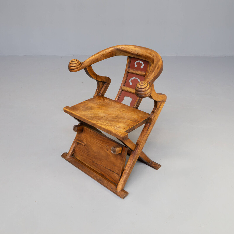 Pair of vintage handmade wood carved throne armchairs