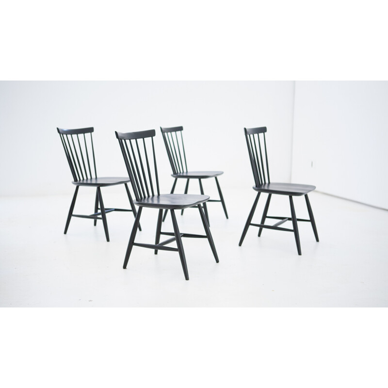 Ensemble de 4 chaises vintage noires suédoises - 1950
