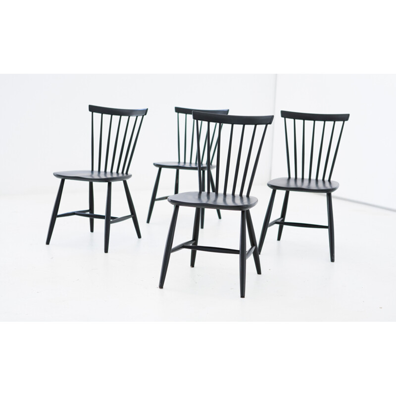 Ensemble de 4 chaises vintage noires suédoises - 1950