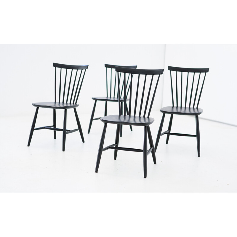 Mid-Century Swedish Black Chairs, 1950s, Set of 4