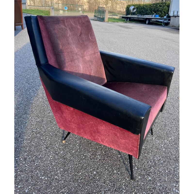 Fauteuil vintage en skaï et velours, 1950