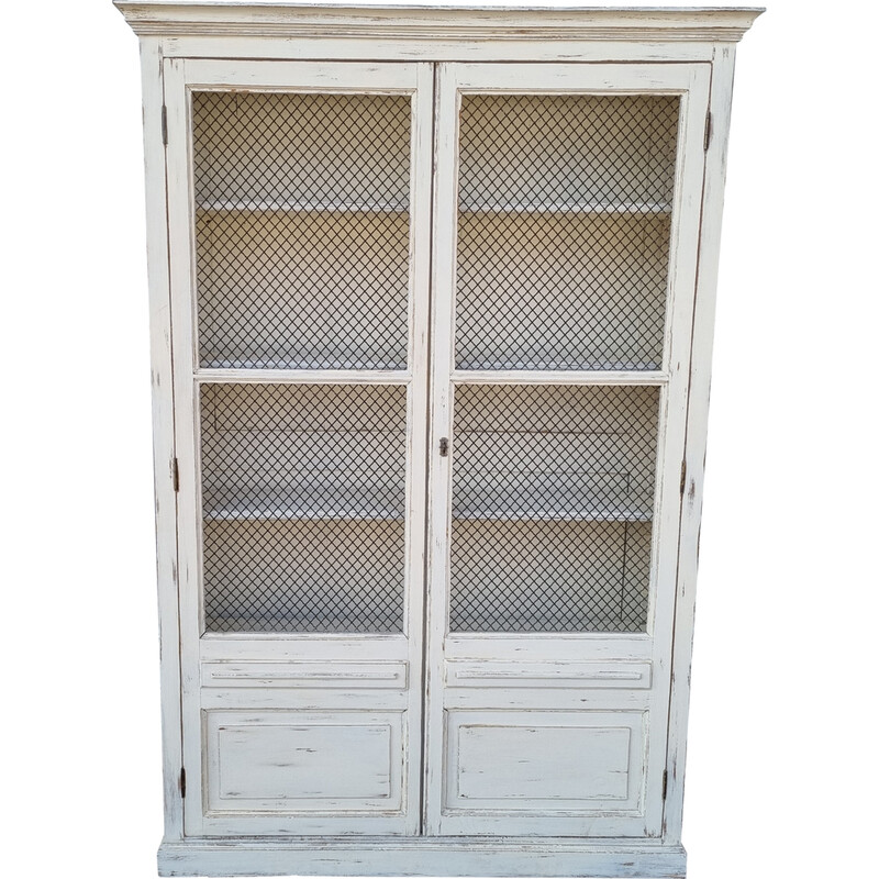 Vintage patina bookcase with wire doors, 1930