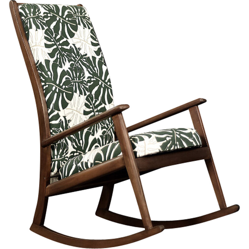 Cadeira de balanço dinamarquesa Vintage em madeira e tecido de padrão foliar Monstera, década de 1960
