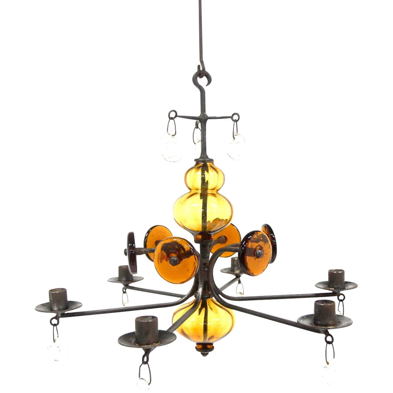 Vintage glass chandelier by Erik Höglund for Boda, Sweden 1970