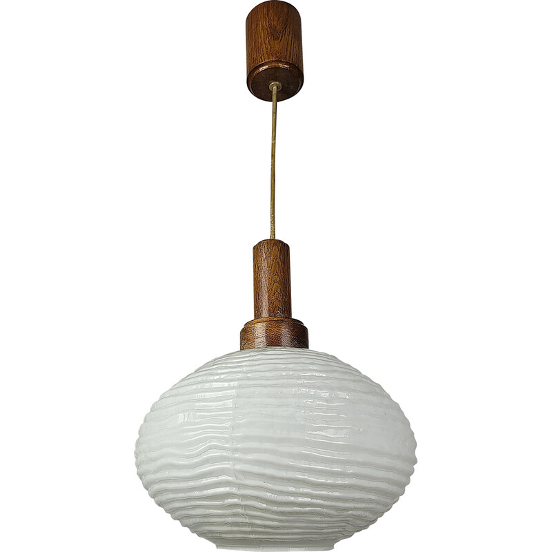 Vintage houten en glazen hanglamp, 1970