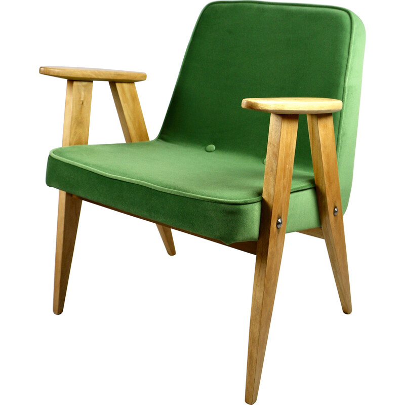 Vintage Polish 366 armchair in light green velvet by Józef Chierowski, 1970s