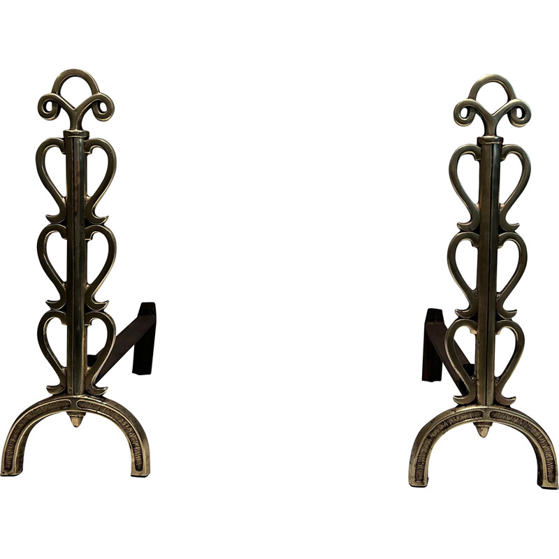 Pair of vintage brass and wrought iron andirons, 1940