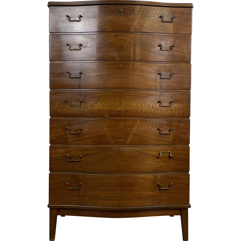 Scandinavian vintage chest of drawers with curved front in lacquered walnut, 1960