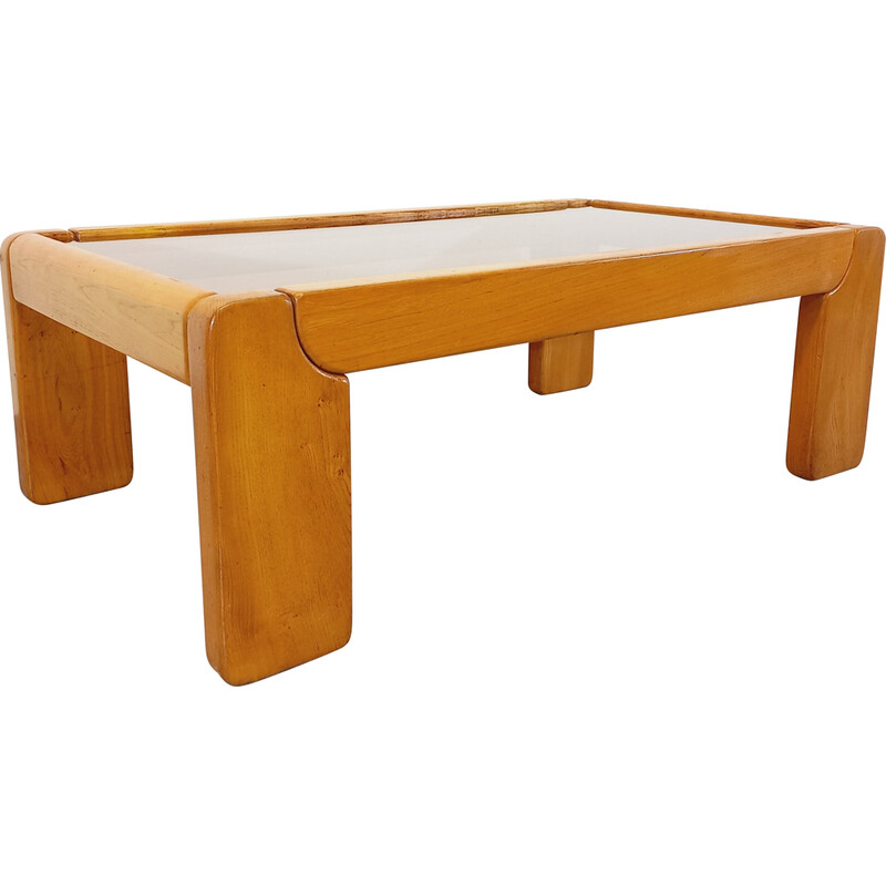 Vintage elm and smoked glass coffee table by Maison Regain, 1970-1980