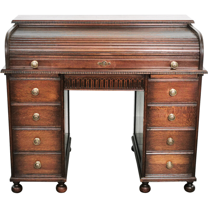 Vintage eikenhouten bureau met roldeksel van Angus William and Co, 1900.