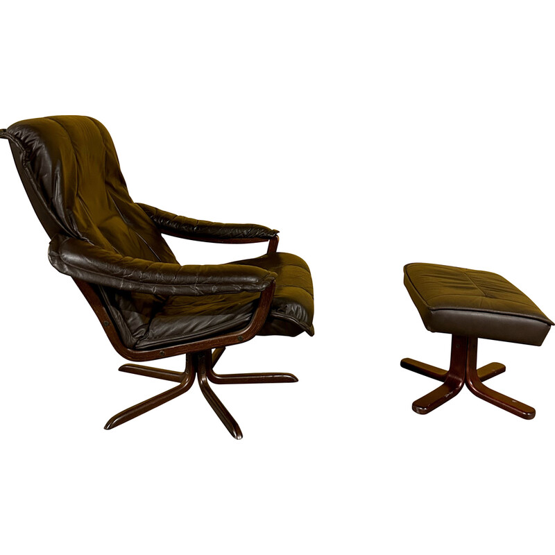 Danish vintage swivel armchair with footrest, 1970s