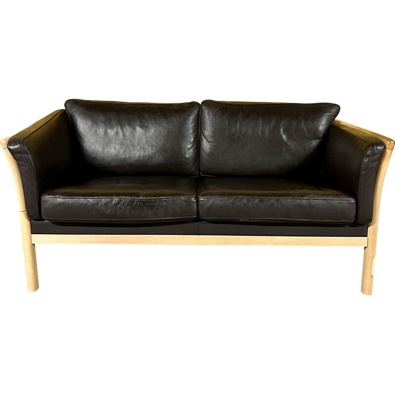 Danish vintage 2 seater brown leather sofa with wooden frame , 1970s