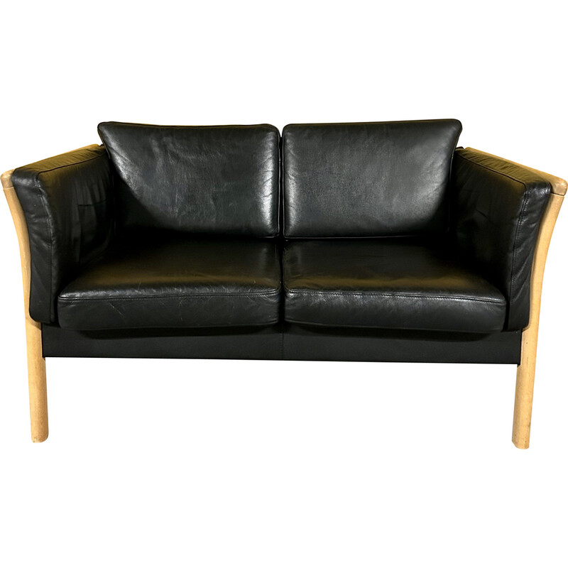 Dänisches 2-Sitzer-Sofa aus schwarzem Leder mit Holzgestell, 1970er Jahre
