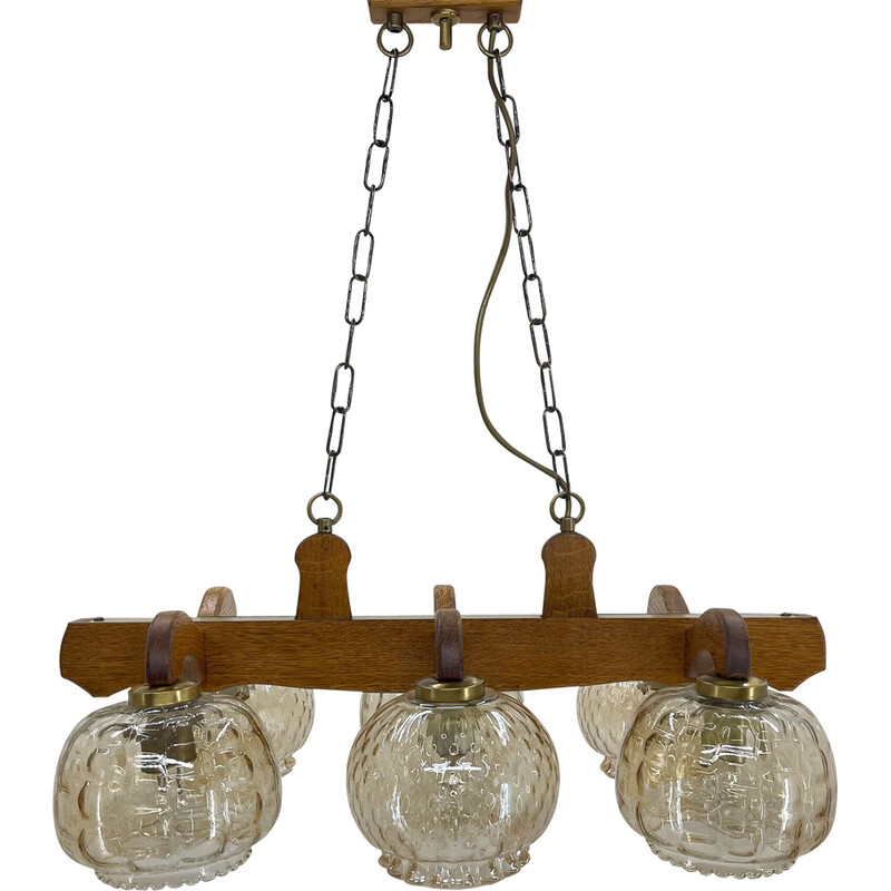 Vintage wood and glass chandelier, Czechoslovakia 1970s