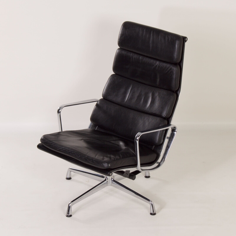 Vintage black leather Ea 222 Soft Pad armchair by Charles and Ray Eames for Vitra, 2000s