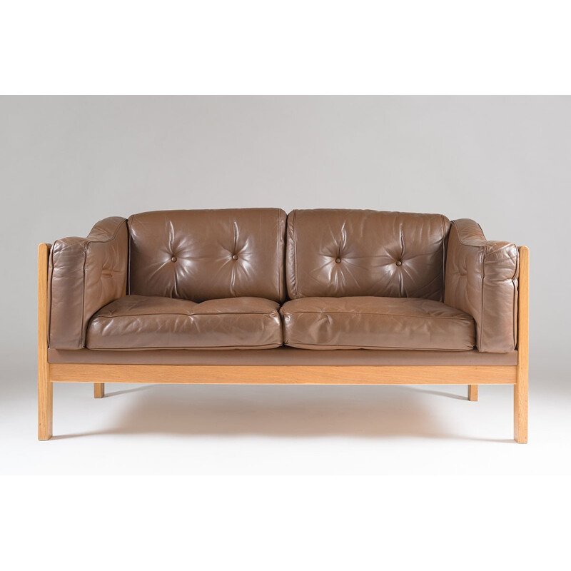 Swedish Oak and Brown Leather Sofa - 1960s