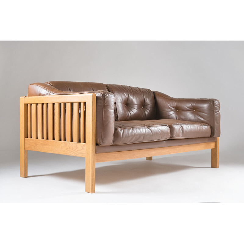 Swedish Oak and Brown Leather Sofa - 1960s