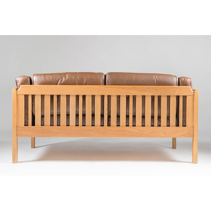 Swedish Oak and Brown Leather Sofa - 1960s