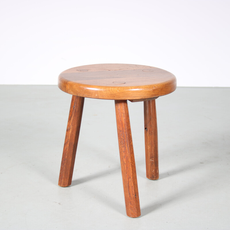 Vintage oak tripod stool, Netherlands 1970s