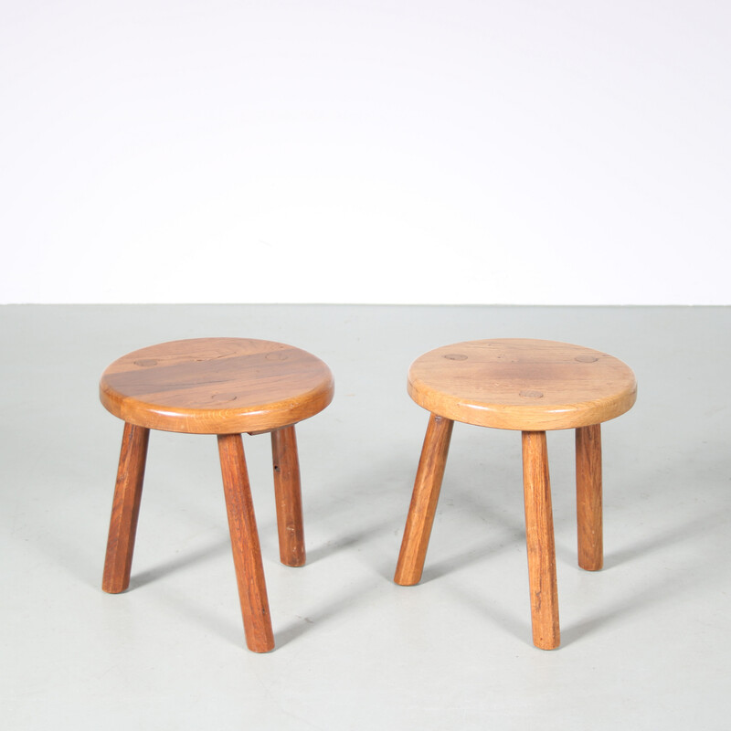 Vintage oak tripod stool, Netherlands 1970s