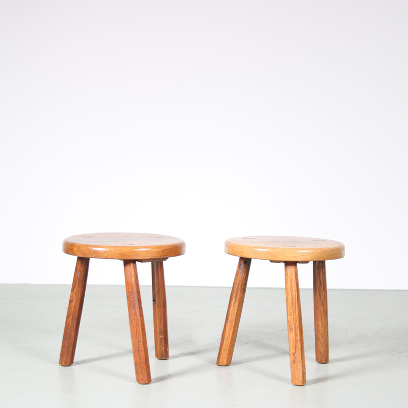 Vintage oak tripod stool, Netherlands 1970s