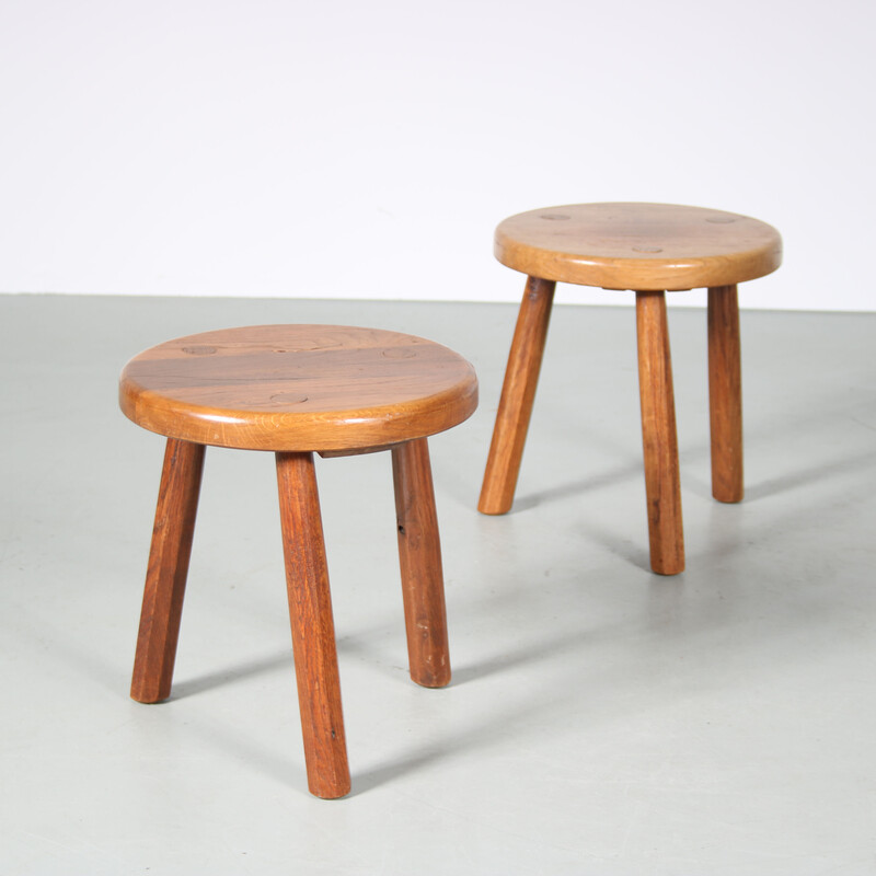 Vintage oak tripod stool, Netherlands 1970s