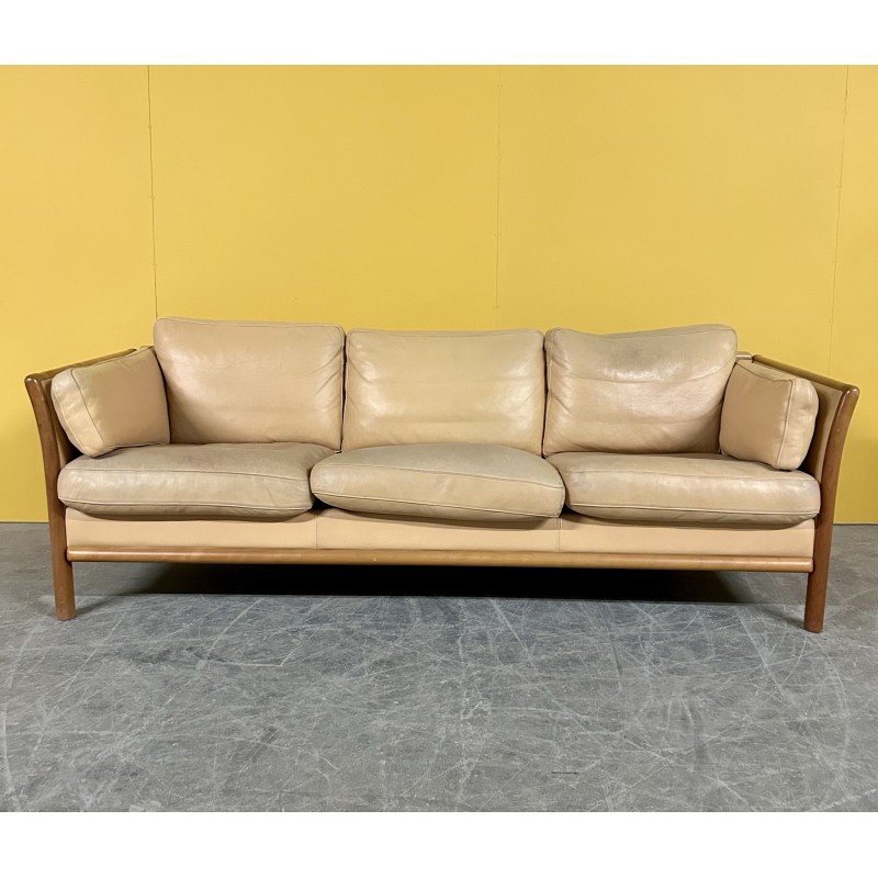 Vintage sofa in wood and fawn leather, Denmark 1970s