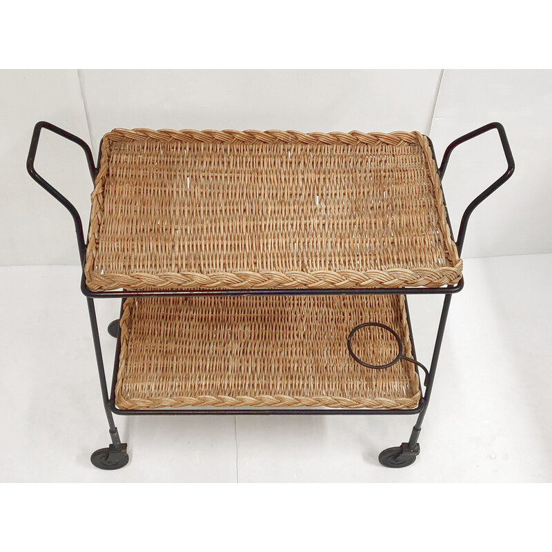 Vintage rattan and steel serving table, 1950s