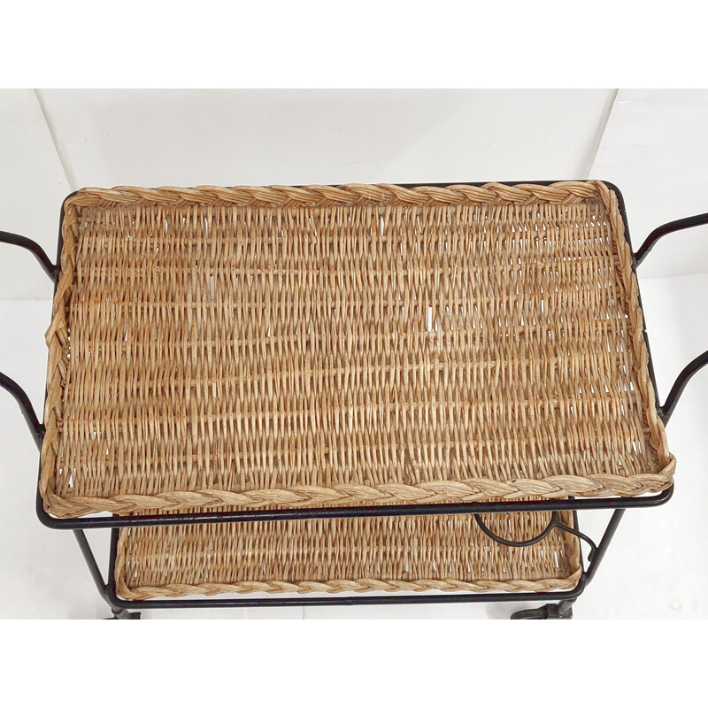 Vintage rattan and steel serving table, 1950s