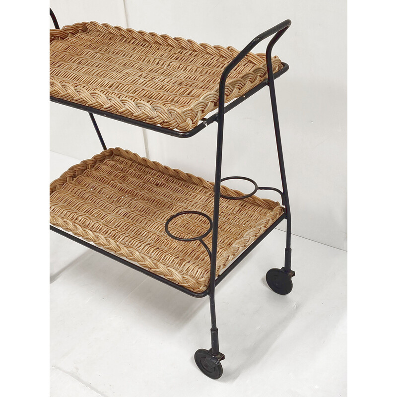 Vintage rattan and steel serving table, 1950s