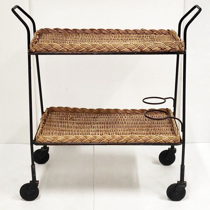 Vintage rattan and steel serving table, 1950s