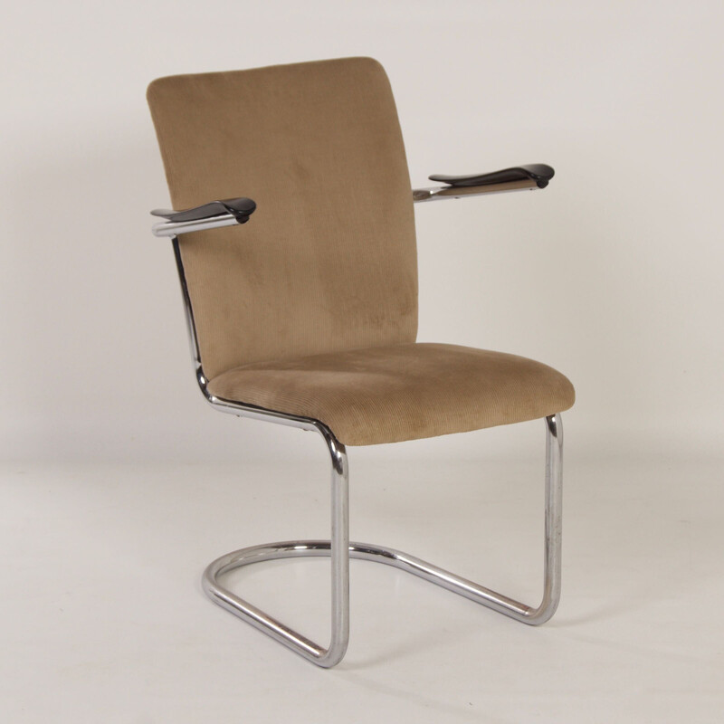 Vintage armchair in iron, wood, velvet and bakelite by Toon de Wit for Gebroeders De Wit, 1940s