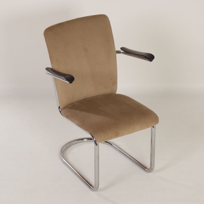 Vintage armchair in iron, wood, velvet and bakelite by Toon de Wit for Gebroeders De Wit, 1940s