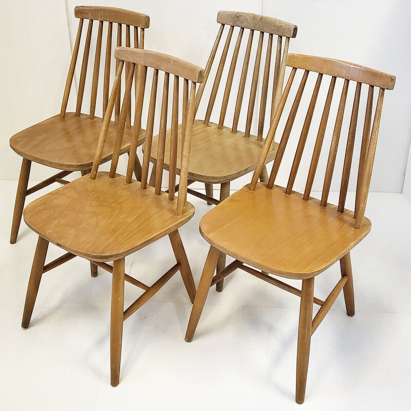 Lot de 4 chaises scandinaves vintage en hêtre, 1960
