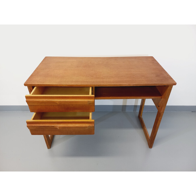 Vintage eikenhouten bureau met sledepoten, 1960