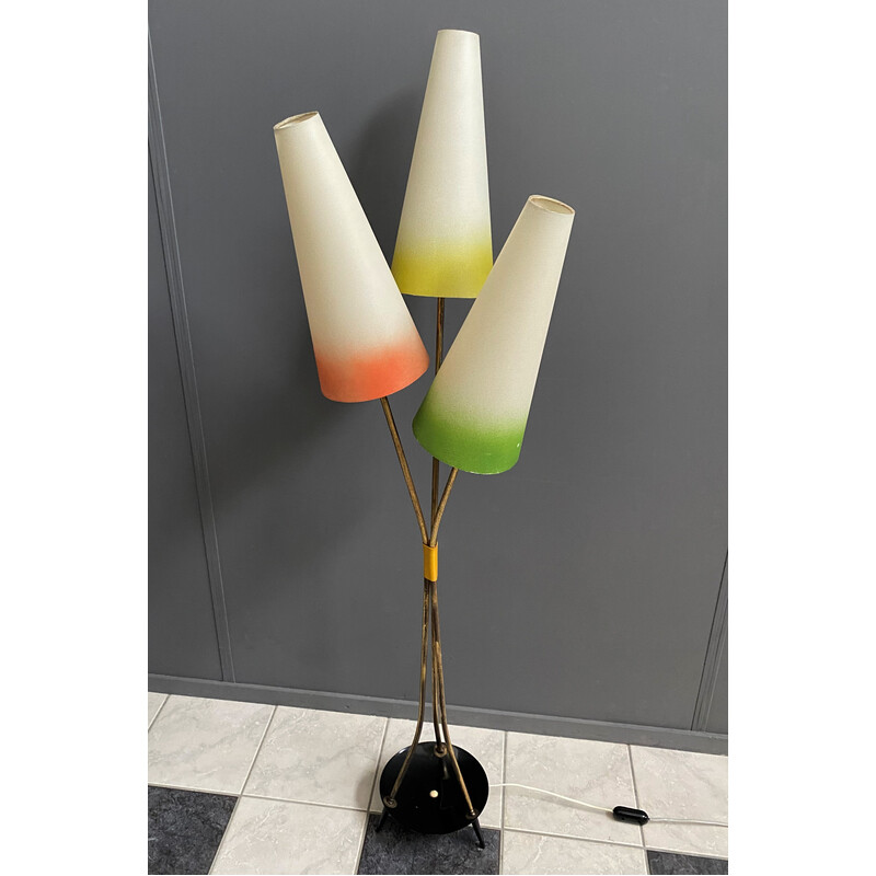 Lampada da terra vintage con 3 paralumi colorati, anni '60