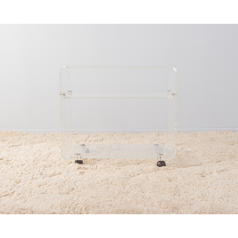 Vintage transparent acrylic side table with chrome-plated castors, Germany 1960s